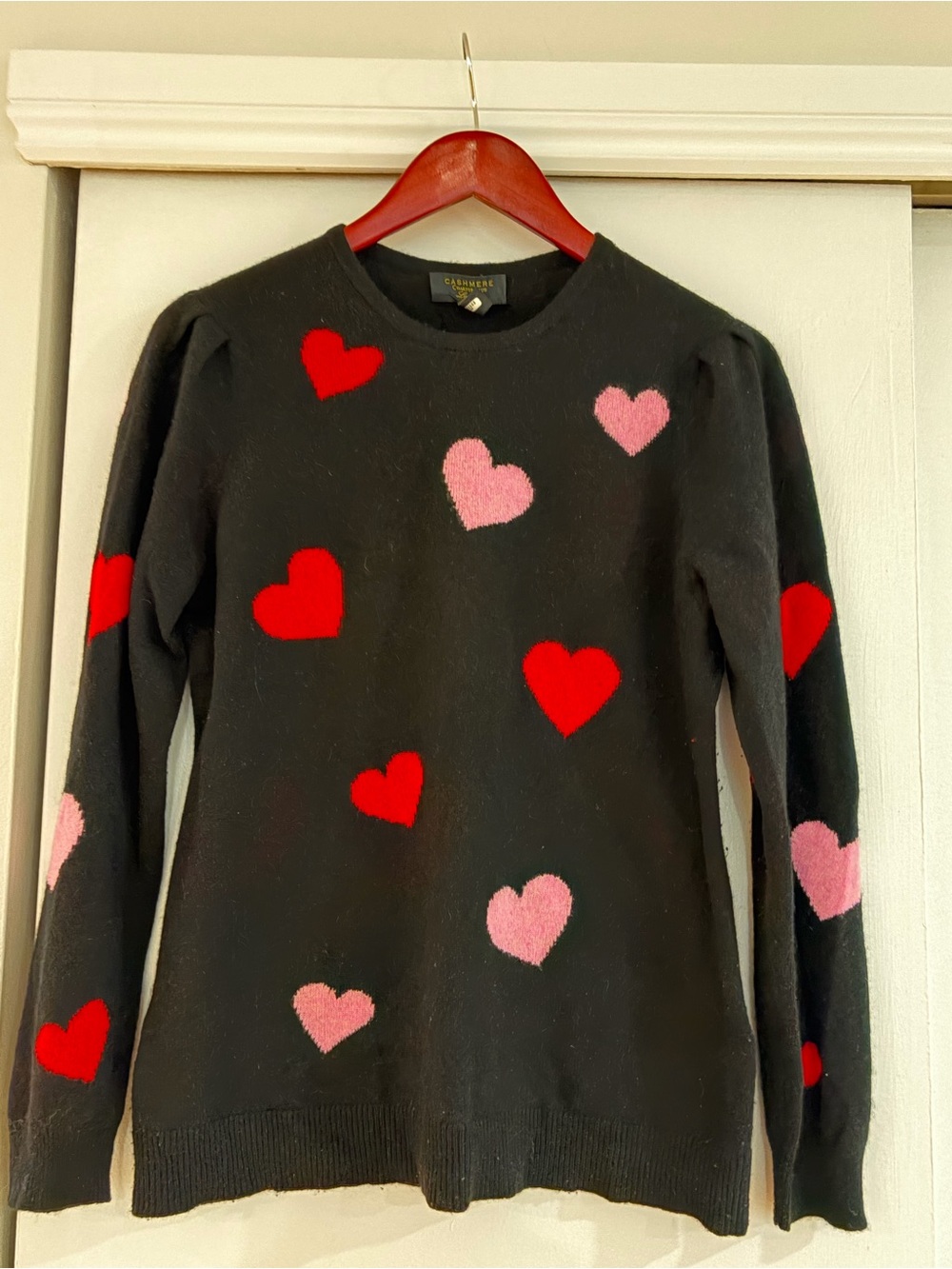 Charter Club Black Cashmere Crewneck Sweater with Pink & Red Hearts